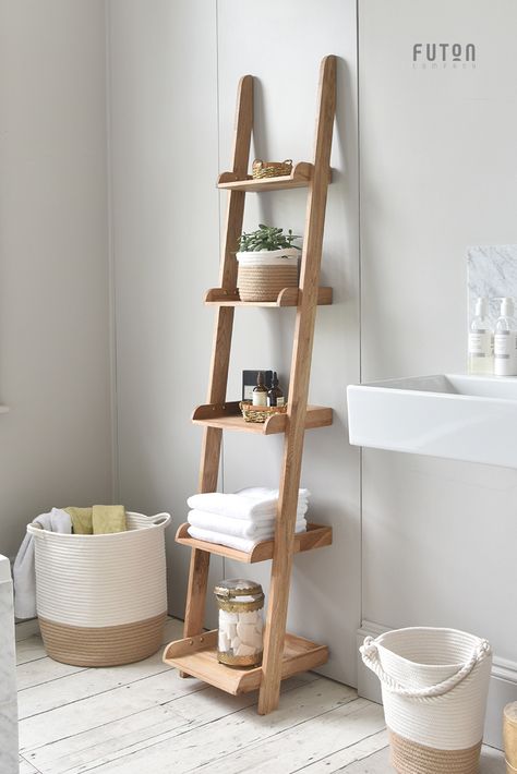 A narrow version of our best-selling Ladder Shelves made from 100% solid oak, these value-for-money shelves lean against the wall and can be easily moved around whenever you fancy a change. Bathroom Ladder Shelf, Walnut House, Bathroom Ladder, Ladder Shelves, Decor Studio, Ladder Shelf, غرفة ملابس, Small Bathroom Decor, Easy Home Decor