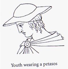 A petasos was a sun hat that was wide brimmed and a cone shaped crown. It was usually worn with the chalaymas. Ancient Egypt Clothing, Ancient Greece Clothing, Egypt Clothing, Greek Tragedy, Creative Commons Images, Greek History, History Class, Greek Art, Greek Fashion