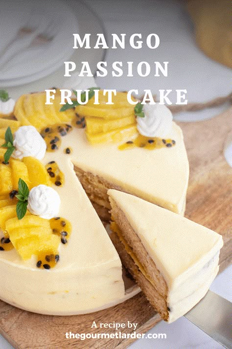 Mango Passion Fruit Cake Recipe - The Gourmet Larder Wedding Cake Passion Fruit, Passion Fruit Mango Cake, Mango And Passionfruit Cake, Tropical Flavored Cakes, Wedding Fruit Cake Recipe, Coconut Passion Fruit Cake, Mango Wedding Cake, Mango Passionfruit Cake, Tropical Cake Recipes