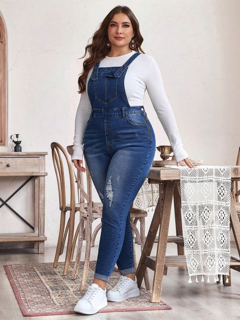 Plus Size Women's Casual Distressed Denim Dungarees With Pockets Medium Wash Casual  Sleeveless Denim Plain  High Stretch  Women Plus Clothing, size features are:Bust: ,Length: ,Sleeve Length: Denim Dungarees, Dungarees, Women's Casual, Distressed Denim, Plus Clothing, Casual Women, Denim Jeans, Length Sleeve, Sleeve Length