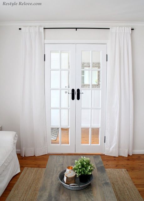 Another example of curtains around french doors for privacy. White Curtains Patio Door, Office Door Curtains, Office French Door Coverings, White French Doors Interior, French Doors Indoor, White Ikea Curtains, French Door Sliding, French Doors Living Room, French Door Window Treatments