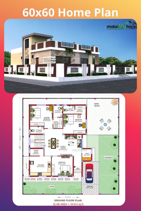 60x60 Home Plan 3600 sqft Home Exterior Design 60x60 House Plans, Home Exterior Design, The Perfect House, Perfect House, Home Exterior, Garden Bedroom, Ground Floor Plan, Spacious Living, Home Plan