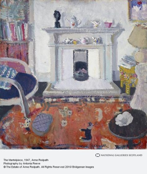 This is one of a number of paintings of the 1940s which show different views of the artist’s home at Beaconsfield Terrace, Hawick. Redpath had a great fondness for including domestic objects in her paintings. Redpath stated that she liked the rooms of her house to have white walls.The walls serve to highlight and intensify the rich, bright colours used in the rest of the room. The painting shows the ‘tipped-up’ perspective Redpath often used to give a flattened, richly decorated effect. Anne Redpath, Gallery Of Modern Art, Chinese Rug, African Sculptures, Scottish Art, Scottish Artists, Interior Illustration, Painting Subjects, National Portrait Gallery