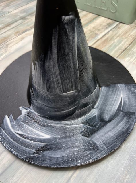 DIY Primitive Witch Hat - Diy Witch Hat Decoration, How To Make A Witches Hat, Witch Hats Diy, Primitive Witch Hat, Paper Mache Witch, Witch Hat Decor, Kitchen Rail, Primitive Witch, Primitive Home Decorating