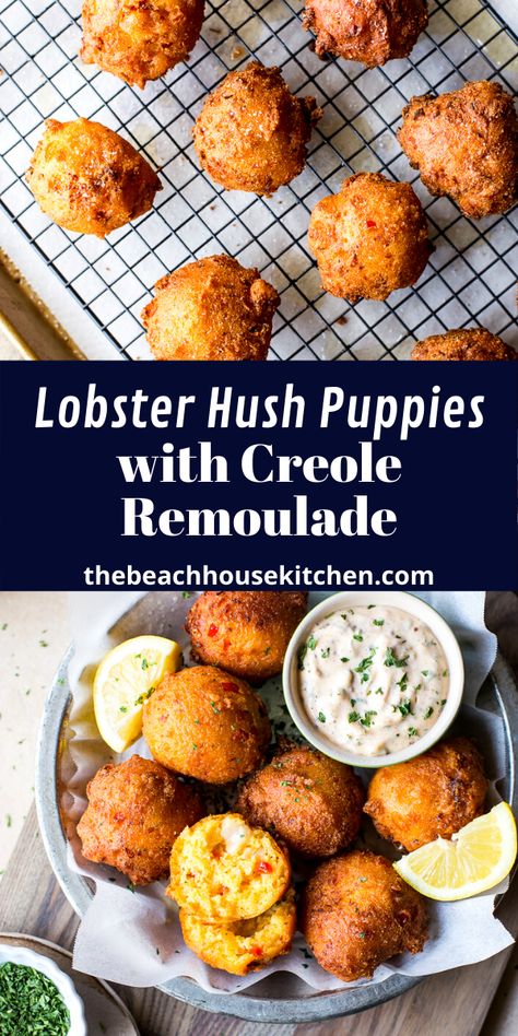 Seafood Hush Puppies, Crab Hush Puppies Recipe, Shrimp Hush Puppies Recipe, Lobster Lollipops, Lobster Fritters, Lobster Appetizer Recipes, Fried Lobster Bites, Fried Seafood Platter, Lobster Bites