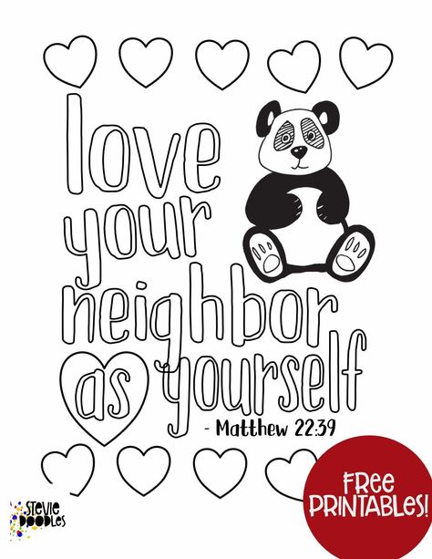 Free Kids Coloring Page - Matthew 22:39 - Love Your Neighbor As Yourself over 1000 free coloring pages at Stevie Doodles  #freecoloringpage #scripturecoloring #scriptureprintable #biblecoloring #bibleprintable #kidsmemoryverse #kidsscriptureprintable #kidsbiblestudy #loveyourneighbor Free Christian Coloring Pages, Christian Coloring Pages, Love Your Neighbor As Yourself, Matthew 22, Kids Church Activities, Sunday School Coloring Pages, Love Your Neighbor, Bible Verse Coloring Page, Bible Teaching