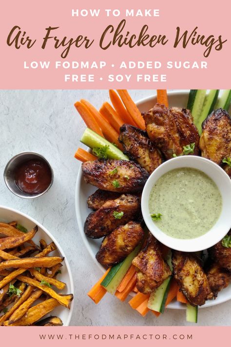 These wings are nicely browned in the air fryer and are on a large plate with carrot and cucumber sticks. There is also a bowl of cucumber ranch and a side of sweet potato fries. Click through to learn how to make this Low FODMAP, added sugar free and soy free recipe. Low Fodmap Chicken Recipes, Air Fryer Chicken Wings Recipe, Fodmap Chicken Recipes, Chicken Wing Seasoning, Fodmap Chicken, Fodmap Lunch, Fodmap Recipes Dinner, Low Fodmap Chicken, Low Fodmap Recipes Dinner