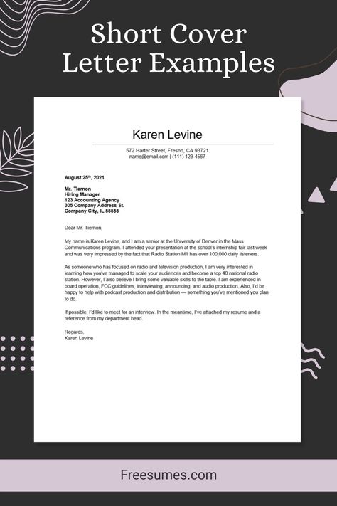 Today most recruiters favor short cover letters. This is especially true if you are sending an email cover letter or a LinkedIn message to follow up on your application. In some cases, shorter cover letters are preferred for internal applications or if you already know the hiring manager. Short Cover Letter, Email Cover Letter, Cover Letter Examples, Seasonal Work, Cover Letter Tips, University Of Denver, Writing A Cover Letter, Resume Writing Tips, Cover Letter Example