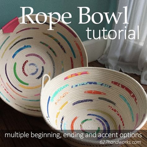 Rope Bowl Tutorial, Coiled Rope Basket Diy, Rope Basket Tutorial, Coiled Fabric Bowl, Clothesline Basket, Fabric Basket Tutorial, Rope Bowls, Rope Rug, Diy Rope Basket