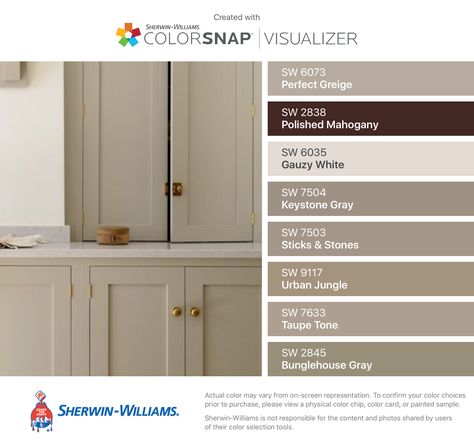 Sherwin Williams Perfect Greige, Perfect Greige, Greige Kitchen, Sherwin Williams Colors, Gray Cabinets, Brown Kitchens, Kitchen Paint Colors, Room Paint Colors, Kitchen Cabinet Colors