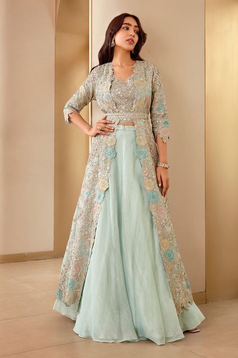 Shop for Osaa by Adarsh Blue Tissue Floral Embroidered Jacket Lehenga Set for Women Online at Aza Fashions Indian Jacket Dresses For Women, Jacket Dresses For Women Indian, Party Wear Indo Western Outfits Ideas, Jacket Lehenga Long, Jacket Lehenga Designer, Jacket Style Lehenga Wedding, Coat Lehenga, Jacket Lengha, Lehenga With Jacket