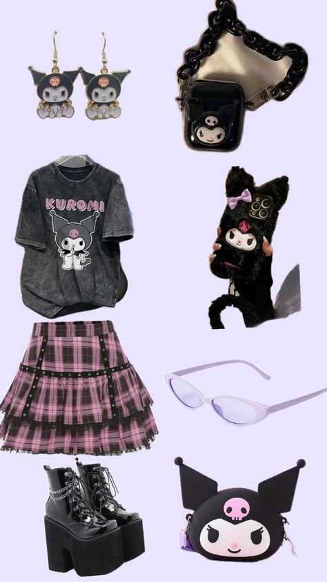 kuromi Kuromicore Outfits, Sanrio Moodboard, Weeb Fashion, Kuromi Inspired Outfit, Kuromi Stuff, Kuromi Outfit, Kuromi Clothes, Sanrio Outfits, Kitty Pictures