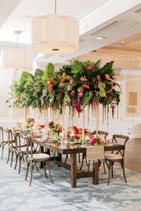 Tropical Garden Wedding, Tropical Centerpieces, Garden Wedding Centerpieces, Tropical Wedding Decor, Tropical Wedding Inspiration, Wedding Reception Planning, Crossback Chairs, Unique Wedding Flowers, Wedding Floral Centerpieces