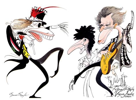 Gerald Scarfe ~ The Rolling Stones: Mick Jagger, Ron Wood, Keith Richards, and Charlie Watts on the Voodoo Lounge Tour Yellow Submarine Art, Gerald Scarfe, Pink Floyd Art, Rolling Stones Logo, Ralph Steadman, Ron Woods, Sympathy For The Devil, Film Roll, Celebrity Drawings