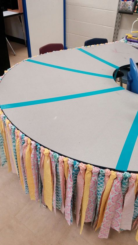 Classroom Fabric Ideas, Horseshoe Table As Teacher Desk, Classroom Table Makeover, Teacher Table Skirt, Classroom Table Skirt, Horseshoe Table Classroom, Desk Skirt For Teacher Desk, Small Classroom Setup, Horseshoe Table