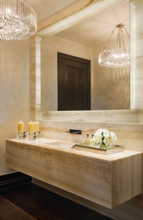 onyx vanity top and front- floating stone vanity Mountain Contemporary Home, Colorado Mountain Homes, Travertine Bathroom, Contemporary Powder Room, Gorgeous Bathroom, Powder Bath, Luxury Bath, Mountain Home, Beautiful Bathrooms