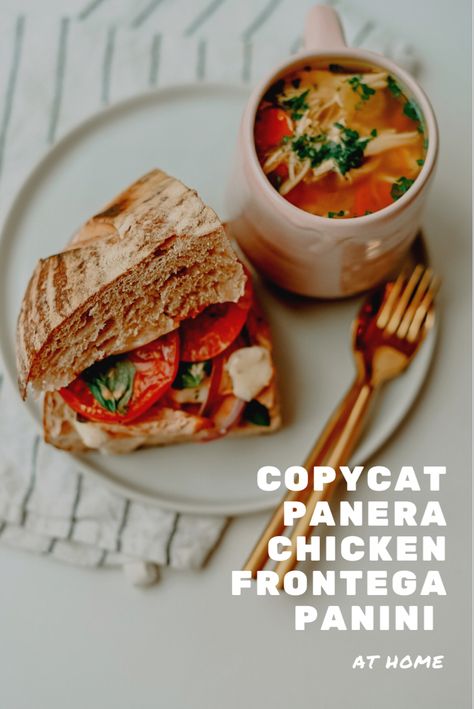 A quarter of a smoked chicken sandwich served with a cup of chicken soup on the side. Chicken Frontega Panini, Fontina Chicken, Panera Inspired Recipes, Panera Sandwiches, Chipotle In Adobo, Chicken Chipotle, Chipotle In Adobo Sauce, Chicken Panini, Copycat Panera