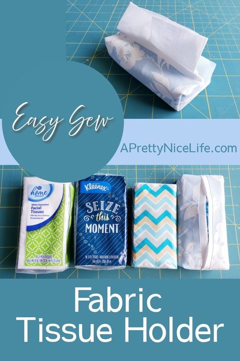 How to sew an easy fabric tissue holder - A Pretty Nice Life Sewing Tissue Pouch Free Pattern, Sewn Tissue Holder, Sew Tissue Holder, Fabric Tissue Box Covers Free Pattern, Tissue Case Pattern, Tissue Covers To Sew, Pocket Tissue Holder Pattern, Kleenex Holder Ideas, Crochet Tissue Holder