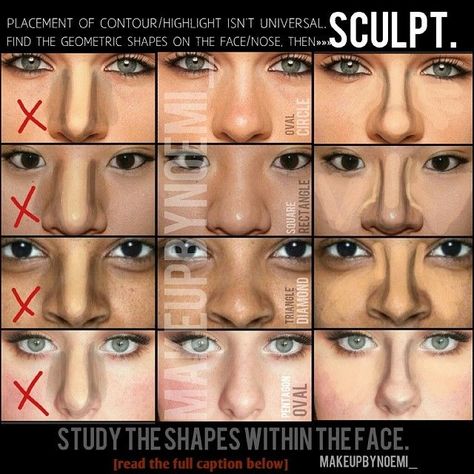 That [U] contour I see everywhere DOESNT work on every nose. THERE ARE SHAPES WITHIN SHAPES! 1. Dark: Oval / Light: Circle 2. Dark: Rectangle / Light: Square 3. Dark: Triangle / Light: Diamond 4. Dark: Oval / Light: Pentagon YOU SHOULD NOT BE ABLE TO SEE WHERE ONE CONTOURED/HIGHLIGHTED abd this comes by using the CORRECT tone/shade. Progression of color. It should look as if a natural shadow is being casted on the face and natural light is hitting the higher points Teknik Makeup, Nose Makeup, Drag Make-up, Makeup Tip, Nose Shapes, Smink Inspiration, Beauty Make-up, Face Contouring, Contour Makeup