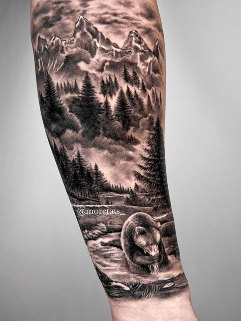 Bear With Forest Tattoo, Bear River Tattoo, Forest With Bear Tattoo, Outdoor Half Sleeve Tattoo For Women, Bear In Forest Tattoo, Woods Theme Tattoo, Forest And River Tattoo, Bear Tattoo Sleeve For Men, Bear In Woods Tattoo