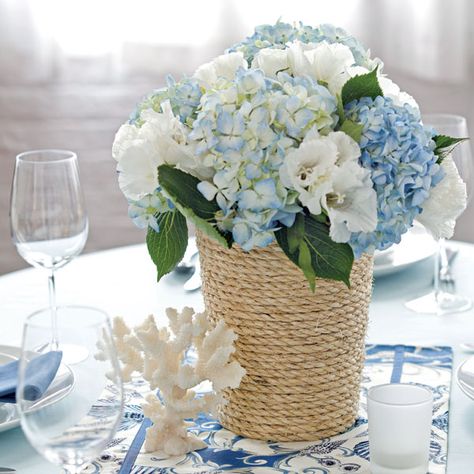 DIY Rope Tied Floral Centerpieces Wedding Table Centerpieces Diy, Table Centerpieces Diy, Hydrangeas Wedding, Wedding Centerpieces Diy, Flower Centerpieces Wedding, Diy Centerpieces, Deco Floral, Nautical Wedding, Beach Cottage