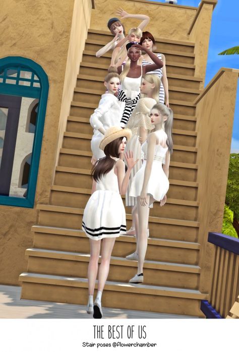 Flower Chamber: The best of us • Sims 4 Downloads Flight Attendant Uniform Fashion, Decorative Stairs, Stair Poses, Build Stairs, Friends Pose, Sims 4 Couple Poses, Sims Poses, Ts4 Poses, Sims Stories