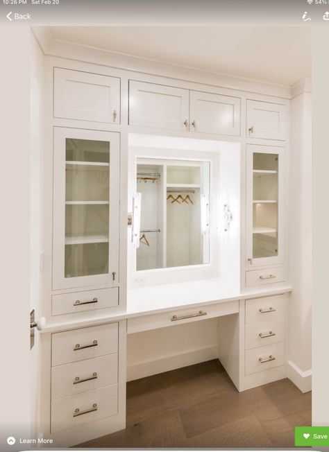 Build In Makeup Vanity, Vanity With Bookshelves, Closet Makeup Station, Built In Dressing Table Ideas, Closet With Makeup Vanity, Closet With Vanity Built In, Built In Vanity In Bedroom, Makeup Station In Bedroom, Walk In Closet With Vanity