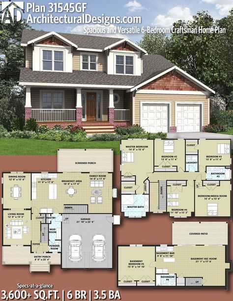 6 Bedroom House Plans, 6 Bedroom House, Craftsman Home, Sims House Plans, Simple House Plans, House Layout, Casa Container, Ranch House Plans, Craftsmen Homes