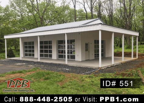 551 - Pole Barn With Wrap Around Lean To - Pioneer Pole Buildings, Inc. Shed Pool House, Lean To Shelter, Door Overhang, Metal Roof Colors, Fiberglass Entry Doors, Pole Buildings, Garage Remodel, Board And Batten Siding, Siding Colors