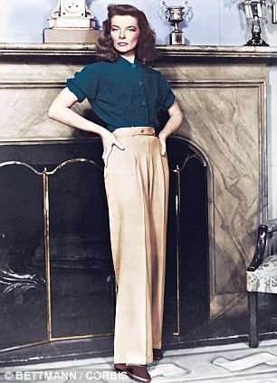 8 glamourous greats: Fashion classics that every grown-up should own | Daily Mail Online 1940s Womens Fashion, Women Trousers Pattern, Wide Leg Slacks, Trouser Pattern, Fashion Trousers, Katherine Hepburn, Slacks Trousers, Hepburn Style, Katharine Hepburn