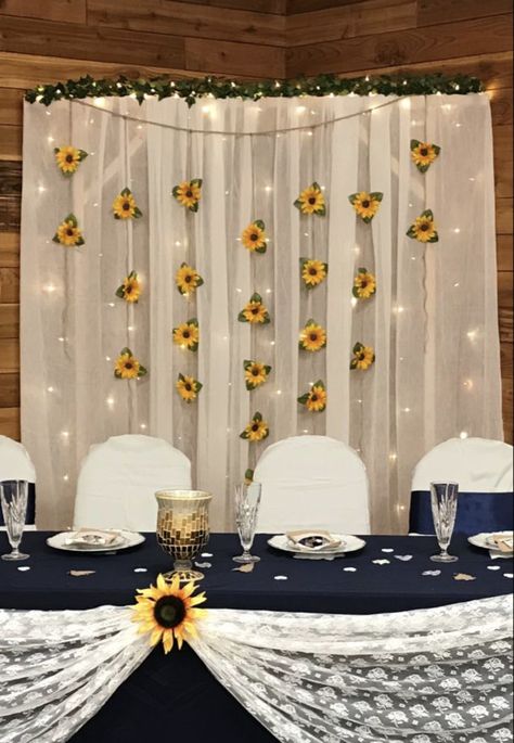 Sweet 16 Sunflower Theme, Sunflower Theme, Hanging Sunflower Wedding Decor, Sunflower Quinceanera Theme Table, Sweet 16 Party Ideas Sunflowers, Sunflower Bridal Shower Photo Backdrop, Western Sunflower Party Decor, Gold Anniversary Party, Blue Sweet 16