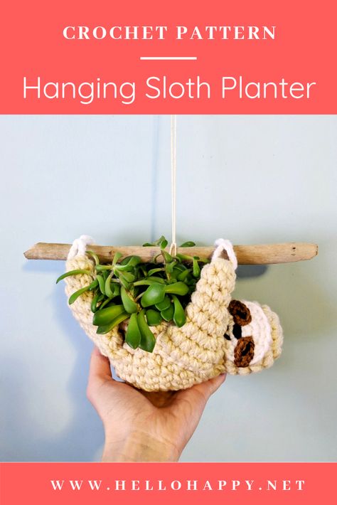 Sloth Planter Crochet Pattern — HELLOhappy Planter Crochet, Sloth Planter, Crochet Planter, Crochet Plant Hanger, Crochet Sloth, Diy Bird Feeder, Crochet Plant, Crochet Diy, Creation Couture