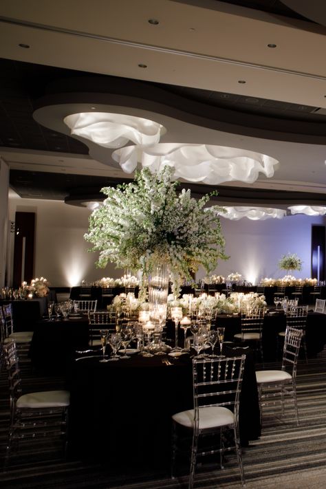 Silver And Black Wedding, Black White And Silver Wedding, Black And White Reception Decor, Black And White Gala, Chivari Chairs Wedding, Black Tablecloth Wedding, Silver Chiavari Chairs, White Floral Centerpieces, Black And White Wedding Theme