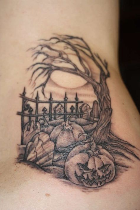 Halloween is one of the best times of the year to dress up and to embrace all things horror! But do you enjoy Halloween so much that you'd want a permanent Tattoo of the holiday season? Graveyard Tattoo, Tim Burton Tattoo, Jack Tattoo, Pumpkin Tattoo, Nightmare Before Christmas Tattoo, Pumpkin Drawing, Image Halloween, Christmas Tattoo, Halloween Memes