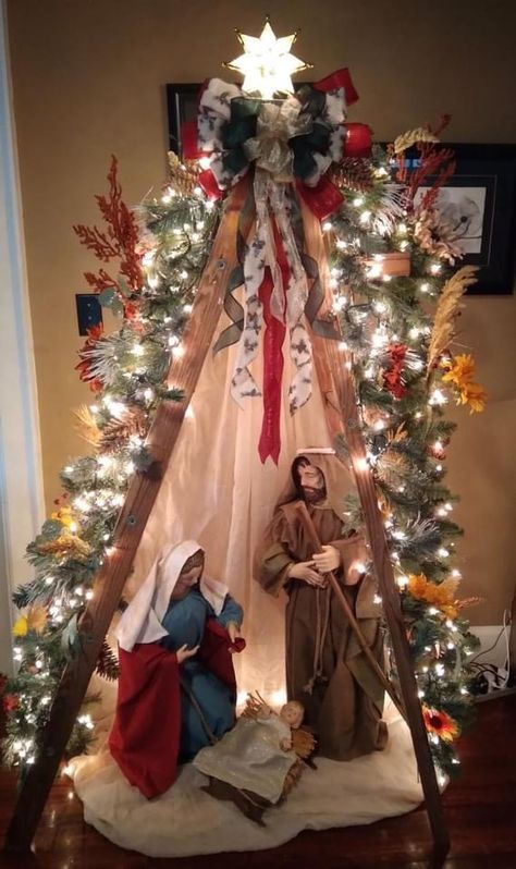 Ladder as Xmas tree + nativity Manger Christmas Tree, Manger Instead Of Christmas Tree, Nativity Themed Christmas Tree, Christmas Tree Ladder, Christmas Nativity Scene Diy, Nativity Christmas Tree, Tree Ladder, Nativity Tree, Christmas Crib Ideas