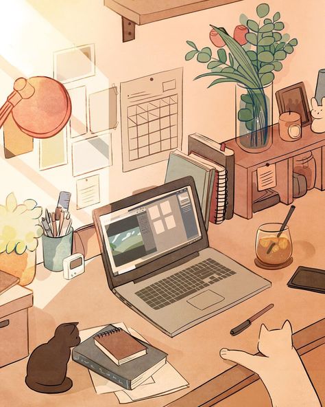 2,099 Likes, 11 Comments - shato/샤토 (@shato_illust) on Instagram: “Her desk.📔📖 - I can't draw properly because I'm still busy. I'm sorry.😭” Laptop, Computer, Desk, Wallpapers, Twitter, Flowers, Anime