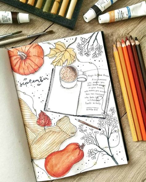 Looking for inspirations to decorate your Bullet Journal for this Fall? Check out these beautiful and creative theme ideas and cover page inspirations. Get inspired by amazing Bullet Journal creators, Plus get some page ideas you can use for this season. #mashaplans #bulletjournal #bujo #bulletjournaltheme #bulletjournaling November Bullet Journal Cover, Fall Bullet Journal, Akvarel Illustration, November Bullet Journal, Bullet Journal September, Citate Harry Potter, Bullet Journal Cover, Bujo Planner, Bullet Journal Cover Page