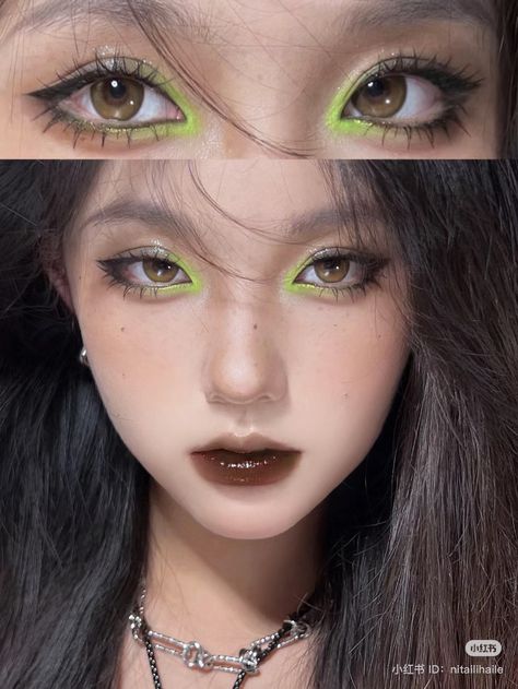 High Visual Weight Makeup Looks, Genshin Inspired Makeup, Eye Makeup Ideas Aesthetic, Under Eye Makeup Looks, Kpop Concert Makeup Ideas, Black And Green Makeup, Asexual Makeup, Colourpop Tutorial, Green Eye Makeup Looks