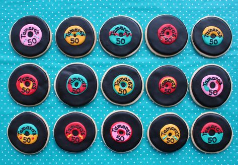 50's Record Cookie Favors | These are part of the favors for… | Flickr Record Cookies, Nostalgia Cookies, Motown Party, Soul Train Party, 60's Party, Beatles Party, Music Cookies, 70s Party, Cookie Favors