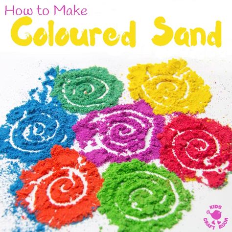 DIY COLOURED SAND - Easy and fun to make vibrant colours for all your sand craft projects. Diy Colored Sand, Sand Art Projects, Coloured Sand, Diwali Activities, Sand Pictures, Magic Sand, Friends Ideas, Kids Craft Room, Rangoli Patterns