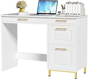 White Writing Desk With Drawers, White Desk With Drawers, Desk For Bedroom, White Writing Desk, Small Computer Desk, Compact Desks, Writing Desk With Drawers, Gold Desk, Cozy Home Office