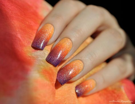 Purple Orange Nails Ombre, Purple And Orange Ombre Nails, Orange And Purple Nails, Red Orange Nails, Orange Ombre Nails, Purple Ombre Nails, Bright Nail Art, Girls Nail Designs, Unghie Sfumate