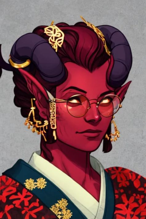 This image shows a portrait of a red-skinned tiefling woman. She has mid-length dark red hair styled in a bun with golden hair accessories. She is wearing round red glasses, gold earrings, and a dark red kimono with intricate golden floral patterns. Red Tiefling Woman, Dark Hair Glasses, Tiefling Woman, Red Tiefling, Golden Hair Accessories, Woman With Dark Hair, Tiefling Female, Dnd Tiefling, Npc Ideas