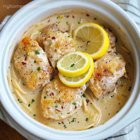 Easy and Delicious Creamy Lemon Garlic Chicken Recipe - My Home Made Recipe Lemon Garlic Chicken Thighs Crockpot, Slow Cooker Lemon Herb Chicken, Crock Pot Creamy Lemon Chicken, Lemon Herb Chicken Crockpot, Crock Pot Creamy Garlic Chicken, Slow Cooker Creamy Lemon Chicken, Crockpot Recipes Lemon Chicken, Creamy Lemon Chicken Crockpot, Lemon Garlic Crockpot Chicken