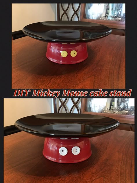 Mickey Mouse cake stand. Plate and bowl bought at The Dollar store. Yellow and white buttons( I put both colors on front and back) easy to make, and super cute!:):):) Γενέθλια Mickey Mouse, Décoration Baby Shower, Mickey 1st Birthdays, Oh Twodles, Mickey Mouse Bday, Mickey Mouse Themed Birthday Party, Mickey Mouse First Birthday, Mickey Mouse Clubhouse Birthday Party, Mickey Mouse 1st Birthday