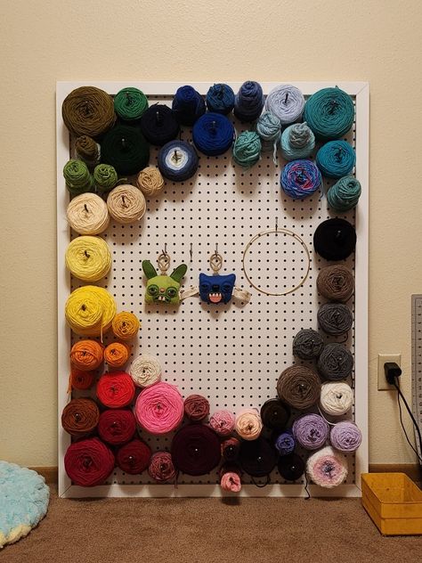 Pegboard, metal pegs, and love from my dad. @king_crabigail on instagram. Crochet Peg Board, Crochet Blocking, Peg Wall, Yarn Storage, Crochet Blocks, Peg Board, Machine Knitting, My Dad, Knitting Patterns