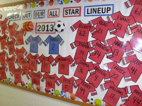 Sports Bulletin Board using students last names on Jersey Team Bulletin Board, Sports Bulletin Boards, Pta Membership, School Sports Theme, Sports Theme Classroom, Sports Classroom, Team Theme, Teacher Appreciation Ideas, Class Theme