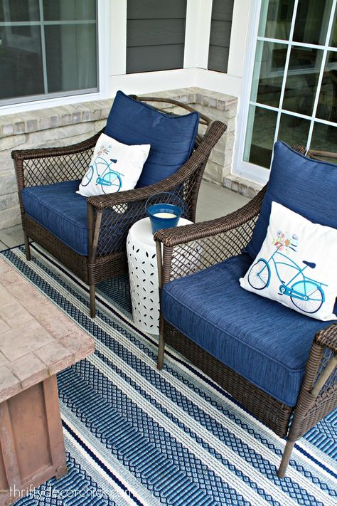 Blue Patio Decor, Blue Patio Furniture, Front Porch Furniture, Navy Blue Cushions, Blue Patio, Thrifty Decor Chick, Porch Furniture, Thrifty Decor, Accent Wall Bedroom