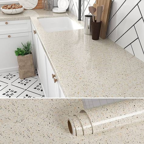 Countertop Contact Paper, Contact Paper Countertop, Peel And Stick Countertop, Granite Wallpaper, Counter Bathroom, Faux Granite, Bathroom Wall Cabinets, Bathroom Counters, Beige Wallpaper