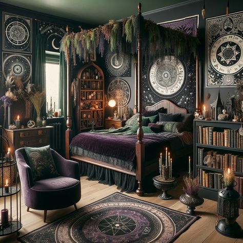 Dark Witchy Bedroom Ideas, Witchcore Room Decor, Bedroom Dungeon, Witches Bedroom, Witchcore Room, Slytherin Bedroom, Dark Academia Interior, Moon Room, Hippie Bedroom Decor